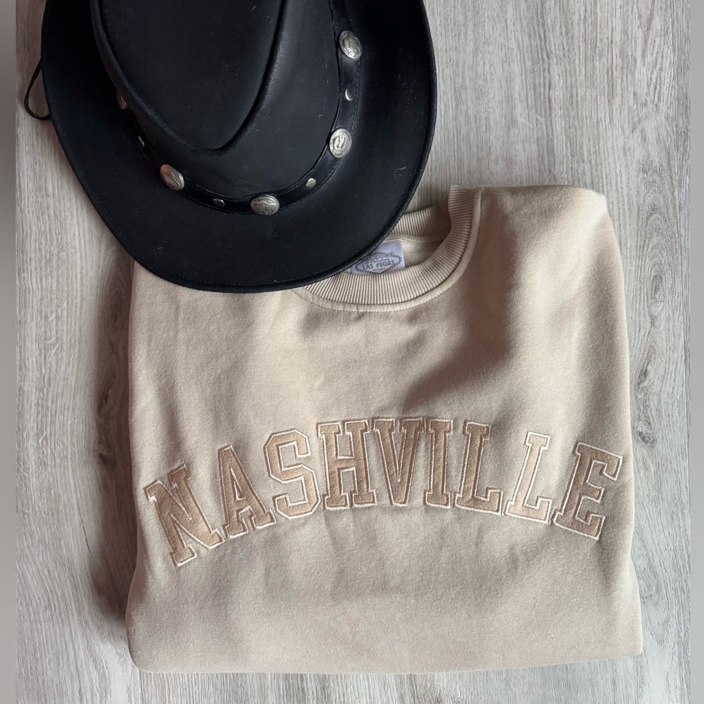 Nashville Tennessee Tan Sand Embroidered Cotton Blend Crewneck Sweatshirt L NEW